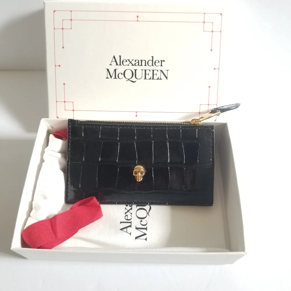 Alexander McQueen Croc-Embossed Leather Skull Card Holder Black Gold - Picture 1 of 8